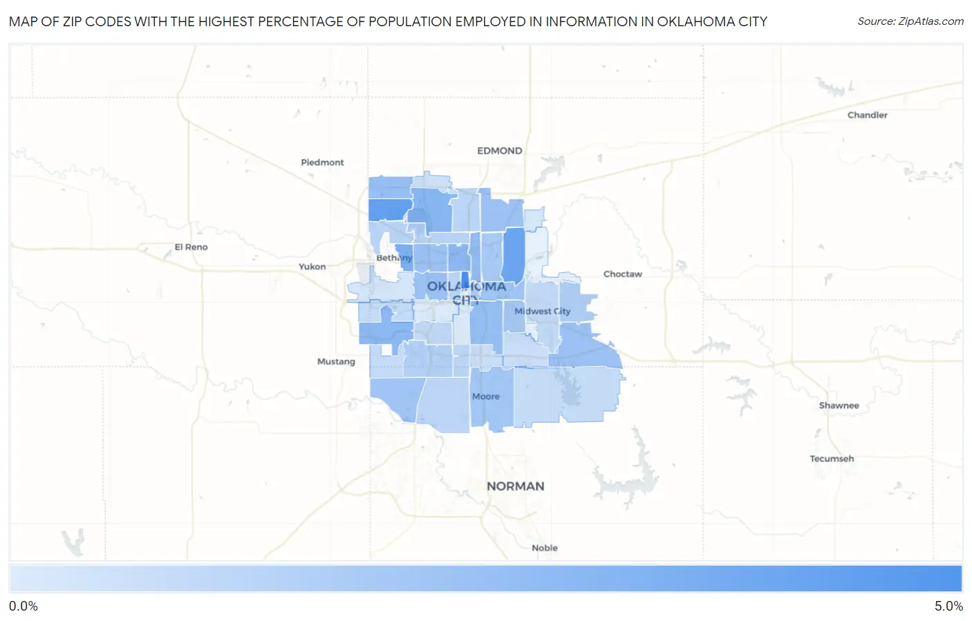 Zip Codes with the Highest Percentage of Population Employed in Information in Oklahoma City Map