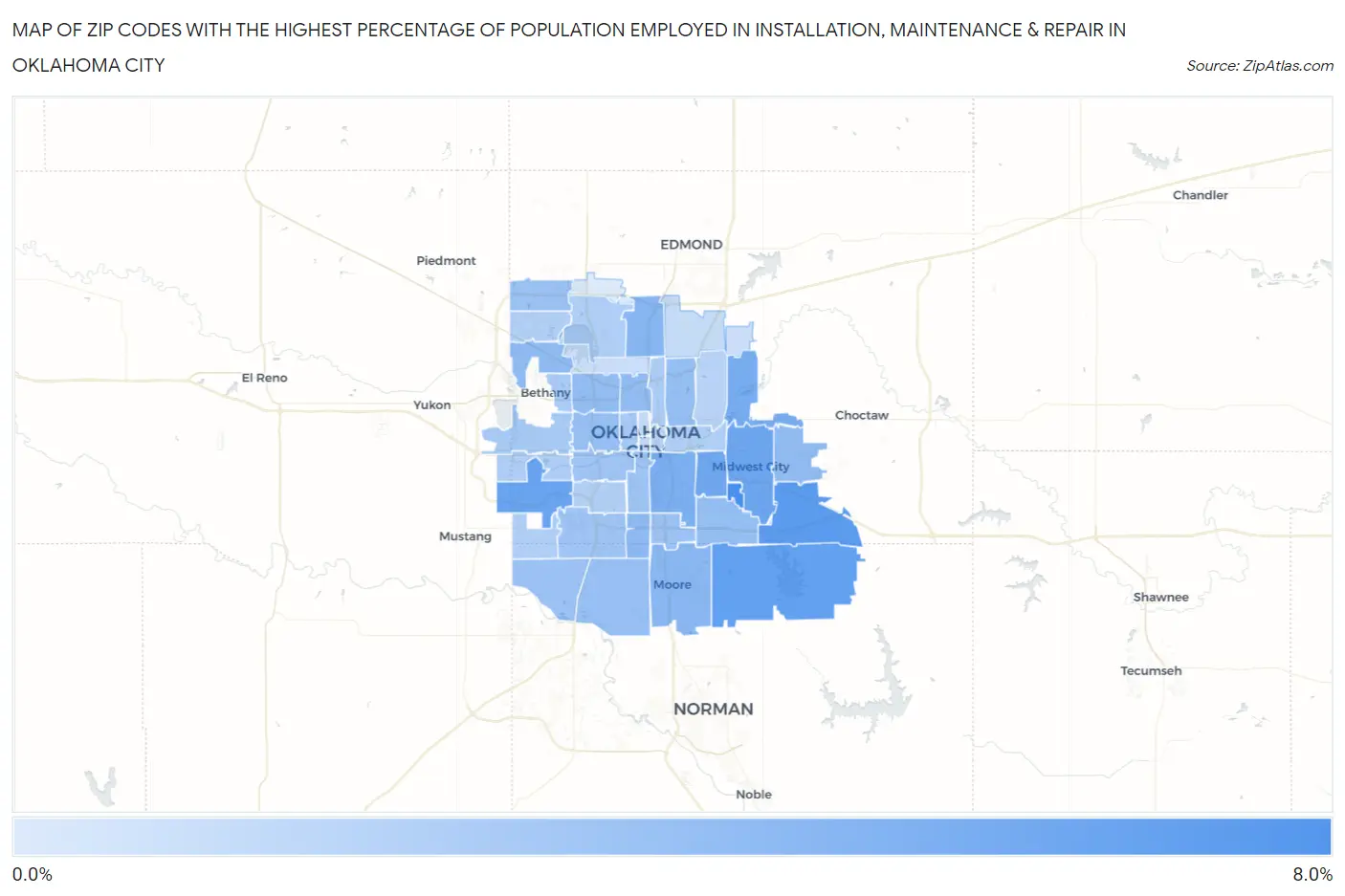 Zip Codes with the Highest Percentage of Population Employed in Installation, Maintenance & Repair in Oklahoma City Map