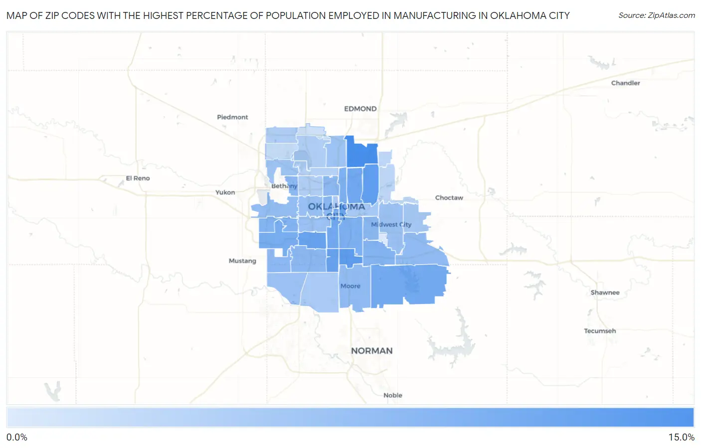 Zip Codes with the Highest Percentage of Population Employed in Manufacturing in Oklahoma City Map
