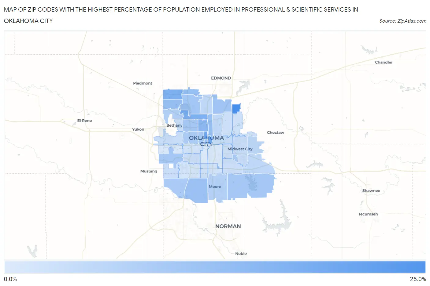 Zip Codes with the Highest Percentage of Population Employed in Professional & Scientific Services in Oklahoma City Map