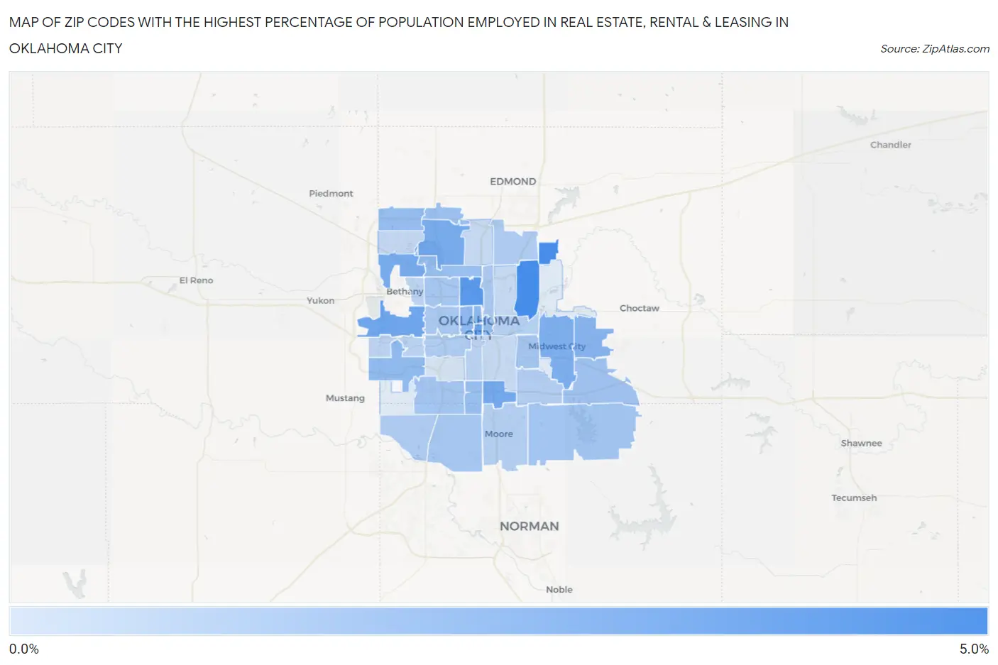 Zip Codes with the Highest Percentage of Population Employed in Real Estate, Rental & Leasing in Oklahoma City Map