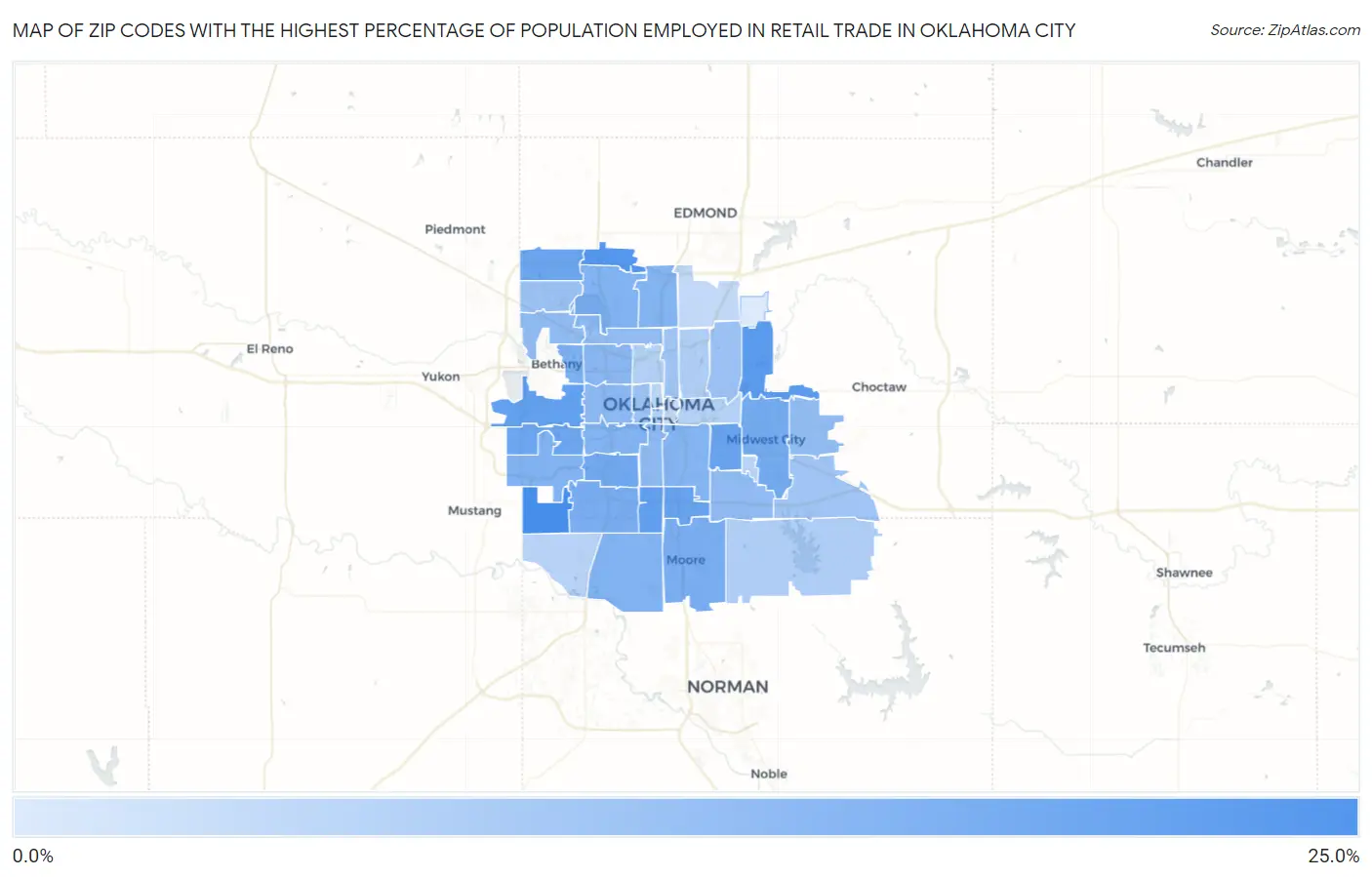 Zip Codes with the Highest Percentage of Population Employed in Retail Trade in Oklahoma City Map