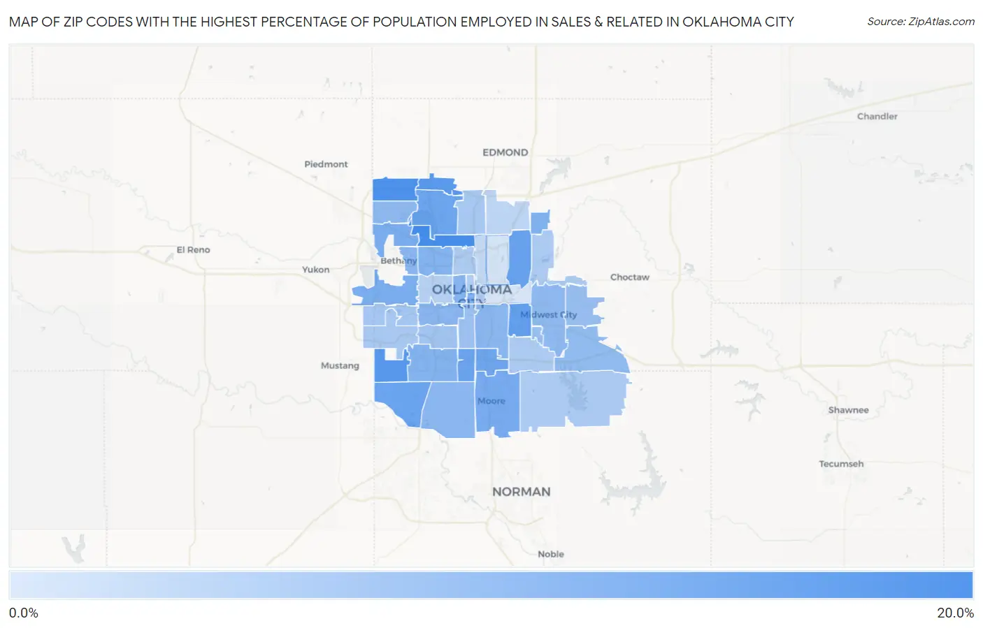 Zip Codes with the Highest Percentage of Population Employed in Sales & Related in Oklahoma City Map