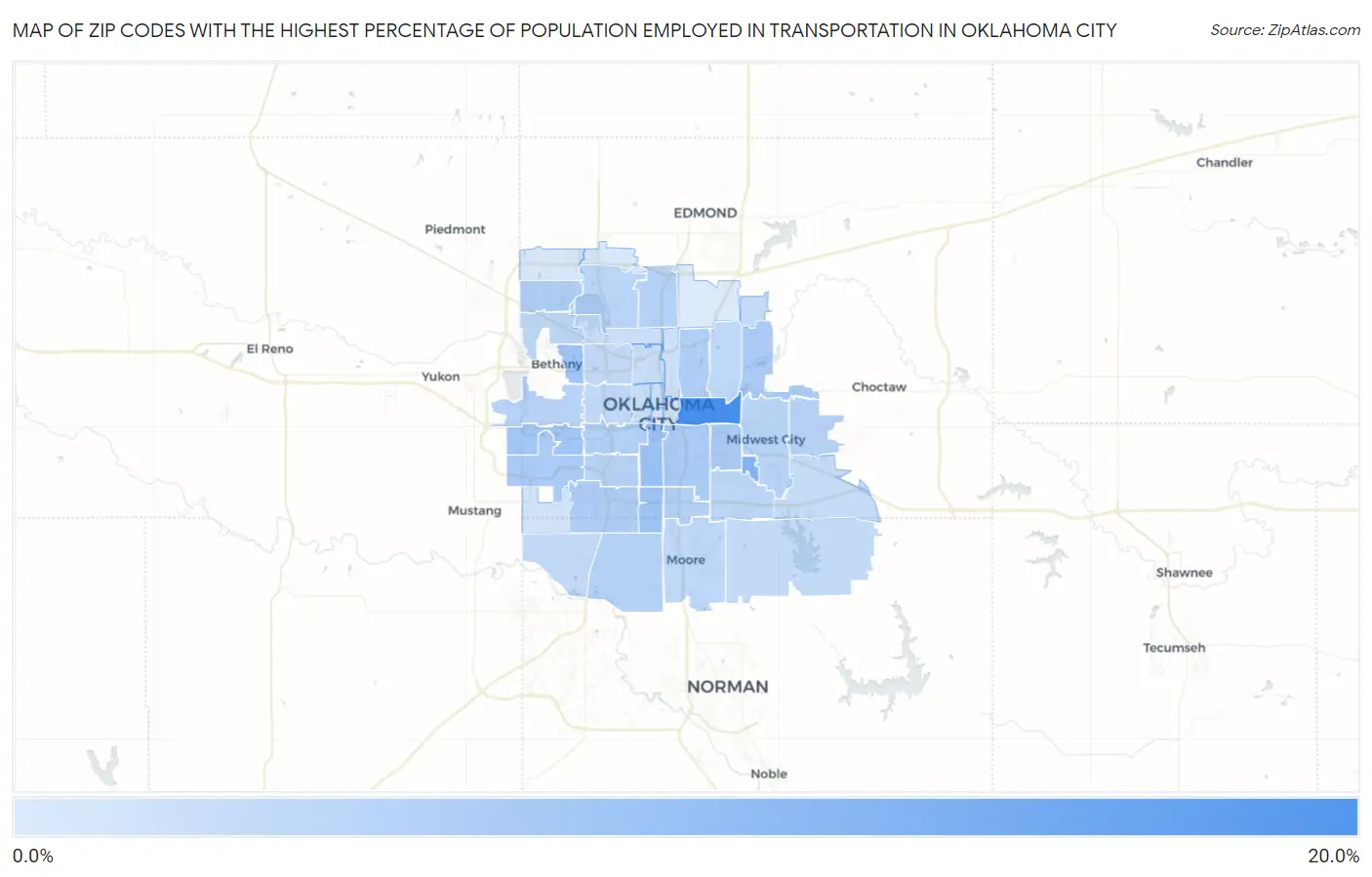 Zip Codes with the Highest Percentage of Population Employed in Transportation in Oklahoma City Map