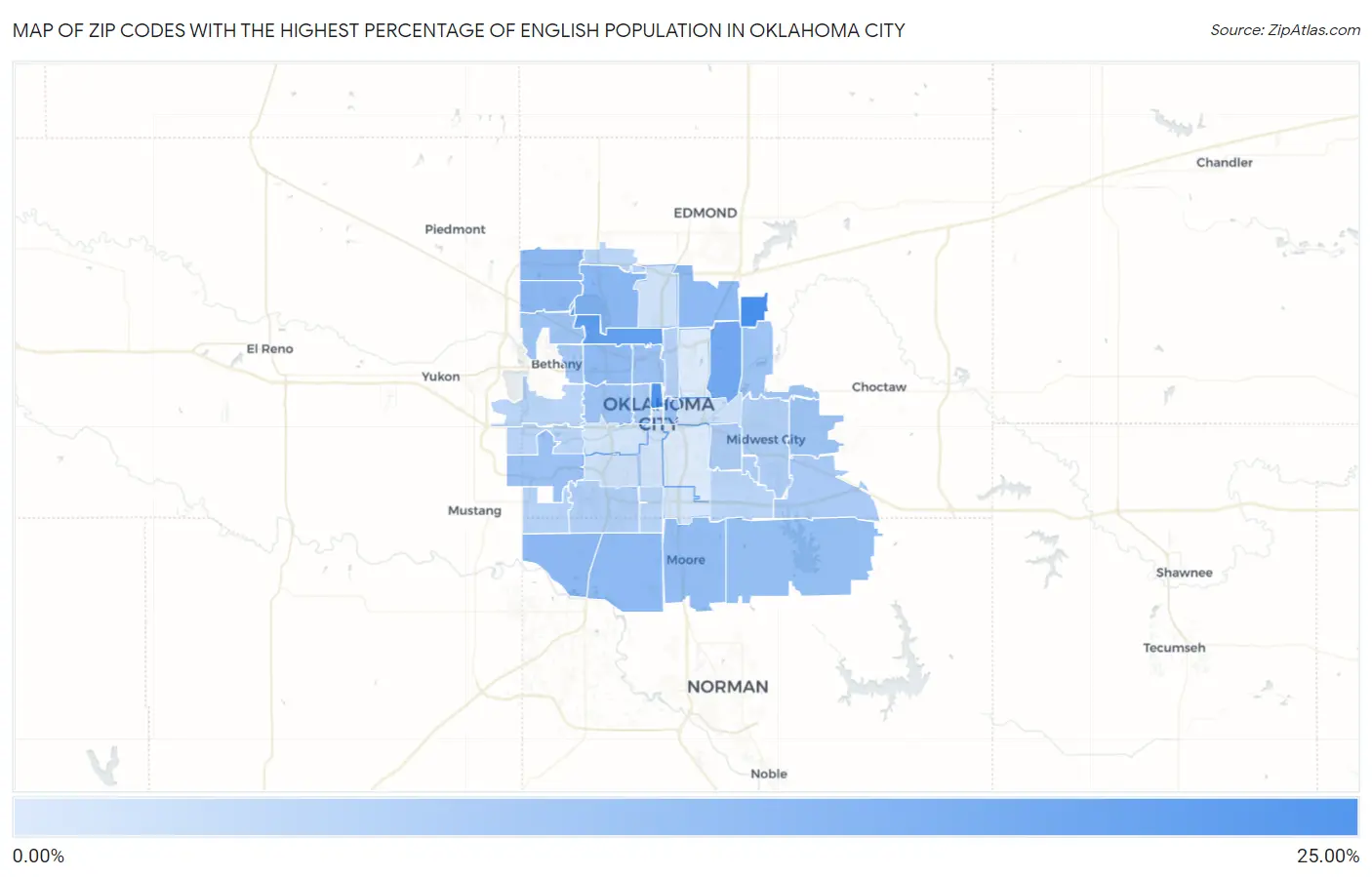 Zip Codes with the Highest Percentage of English Population in Oklahoma City Map