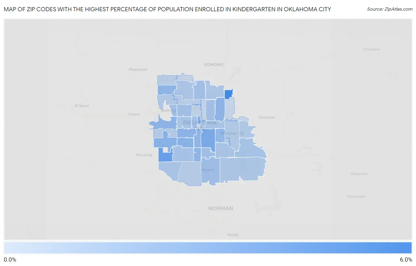 Zip Codes with the Highest Percentage of Population Enrolled in Kindergarten in Oklahoma City Map