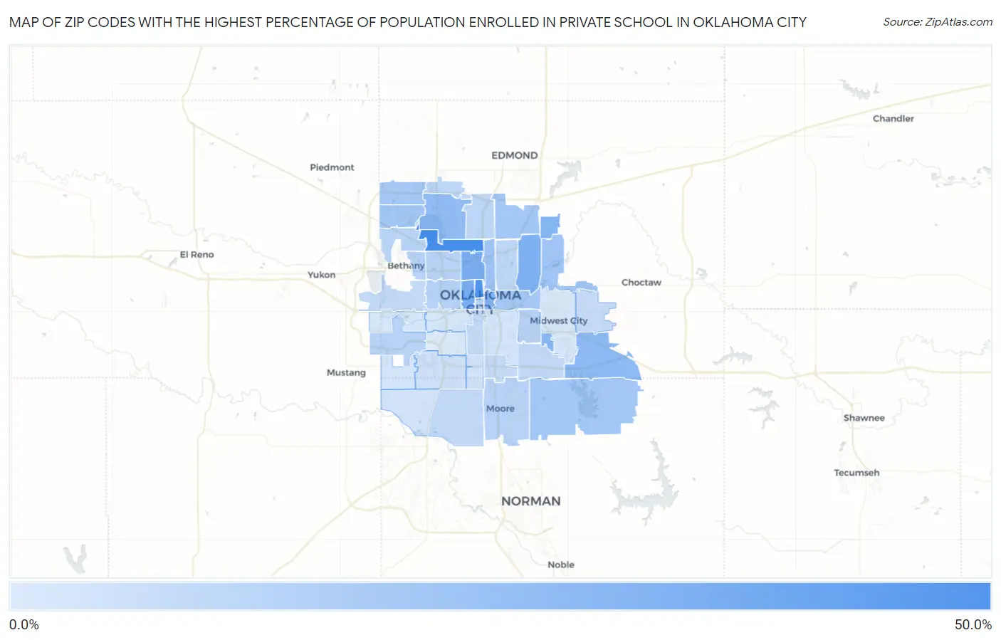 Zip Codes with the Highest Percentage of Population Enrolled in Private School in Oklahoma City Map