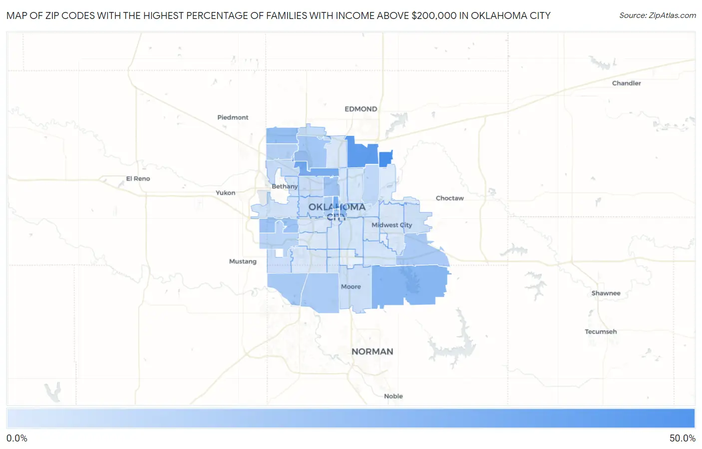 Zip Codes with the Highest Percentage of Families with Income Above $200,000 in Oklahoma City Map