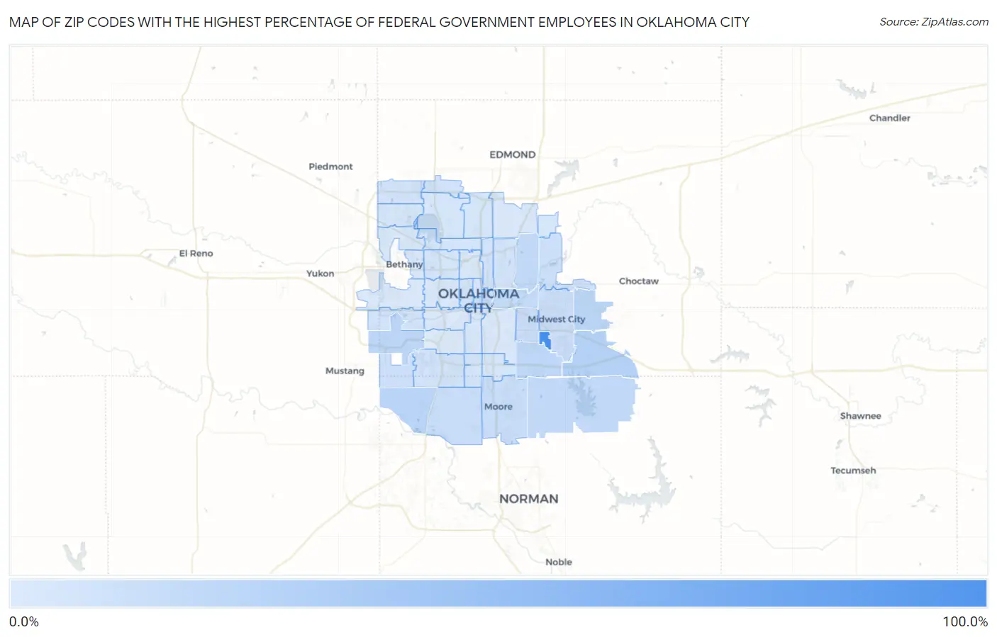 Zip Codes with the Highest Percentage of Federal Government Employees in Oklahoma City Map