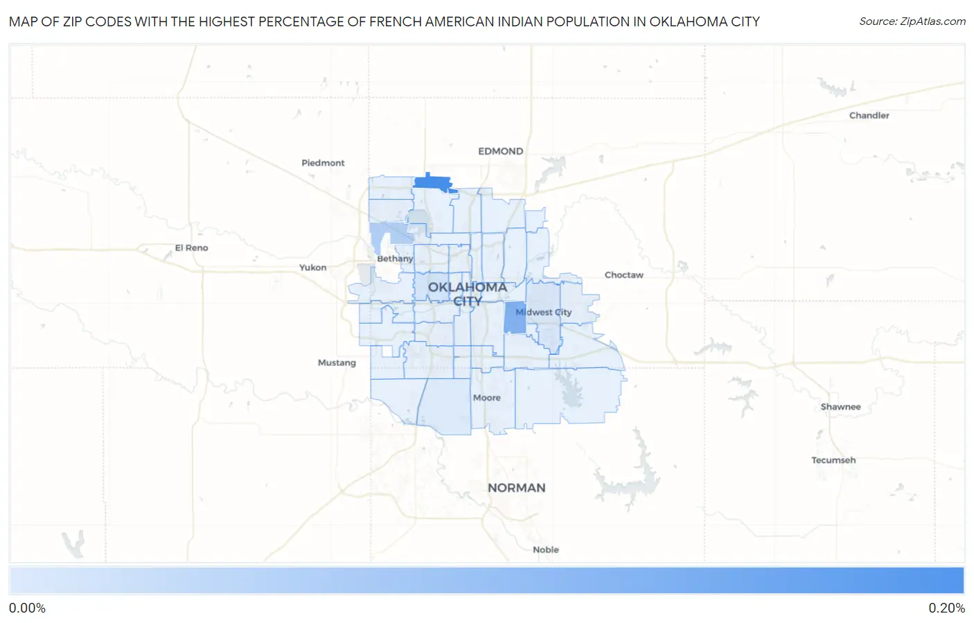 Zip Codes with the Highest Percentage of French American Indian Population in Oklahoma City Map