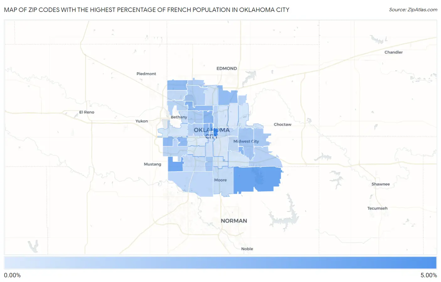 Zip Codes with the Highest Percentage of French Population in Oklahoma City Map