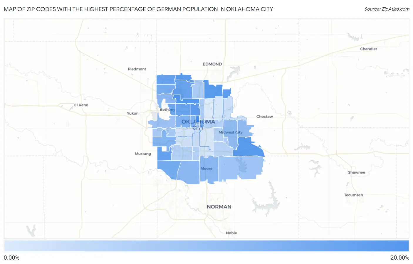 Zip Codes with the Highest Percentage of German Population in Oklahoma City Map