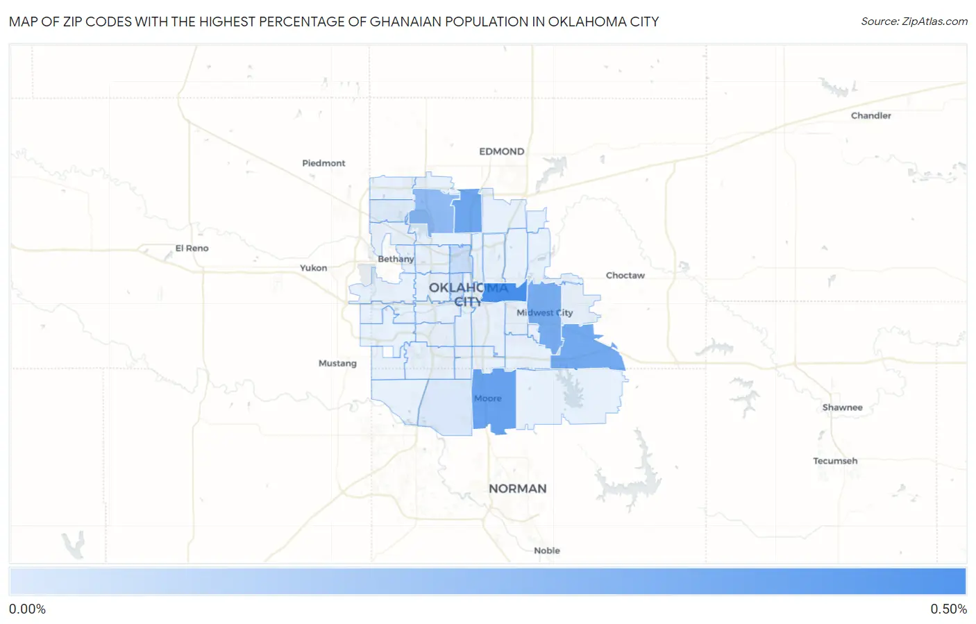 Zip Codes with the Highest Percentage of Ghanaian Population in Oklahoma City Map