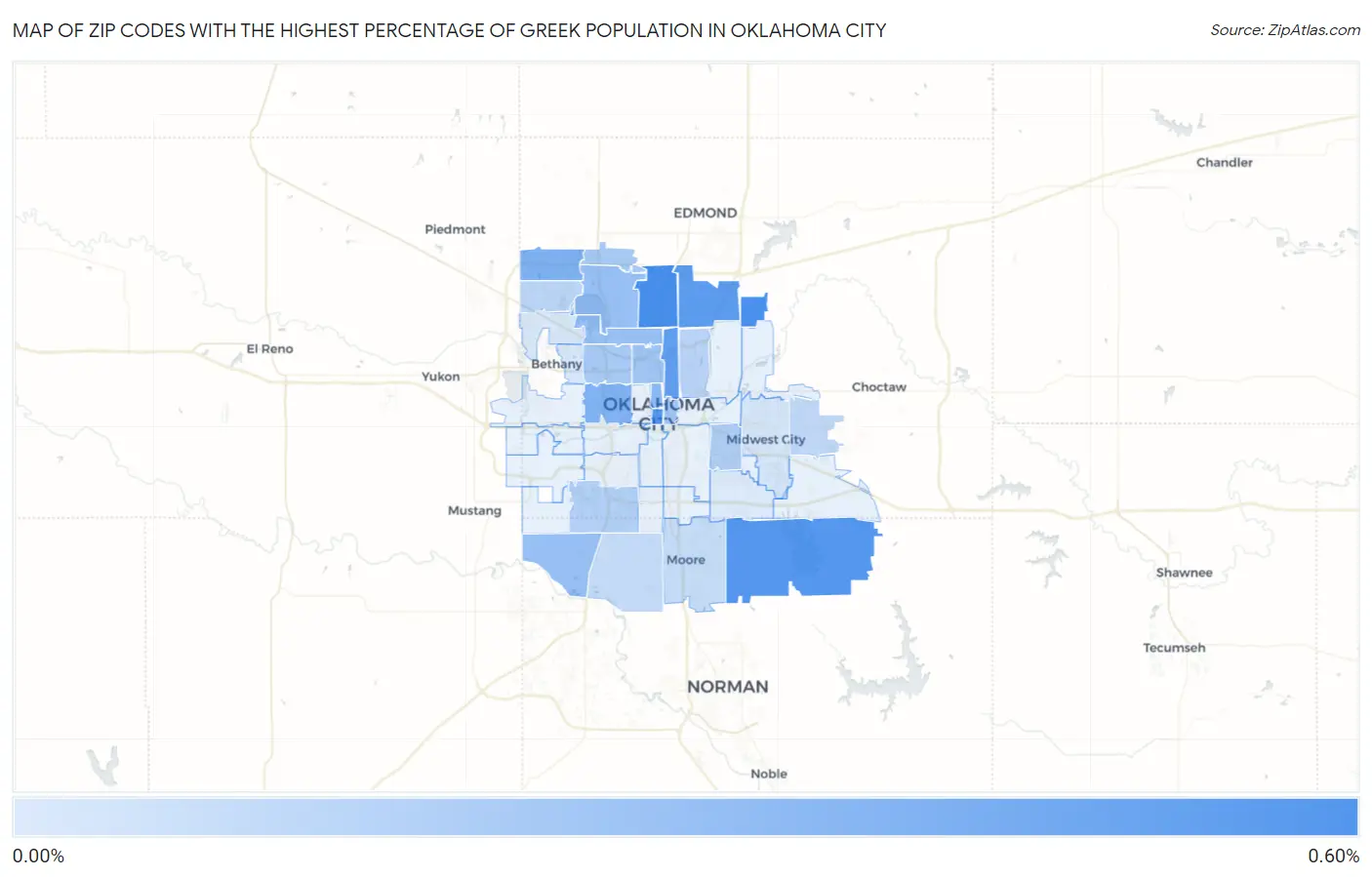 Zip Codes with the Highest Percentage of Greek Population in Oklahoma City Map