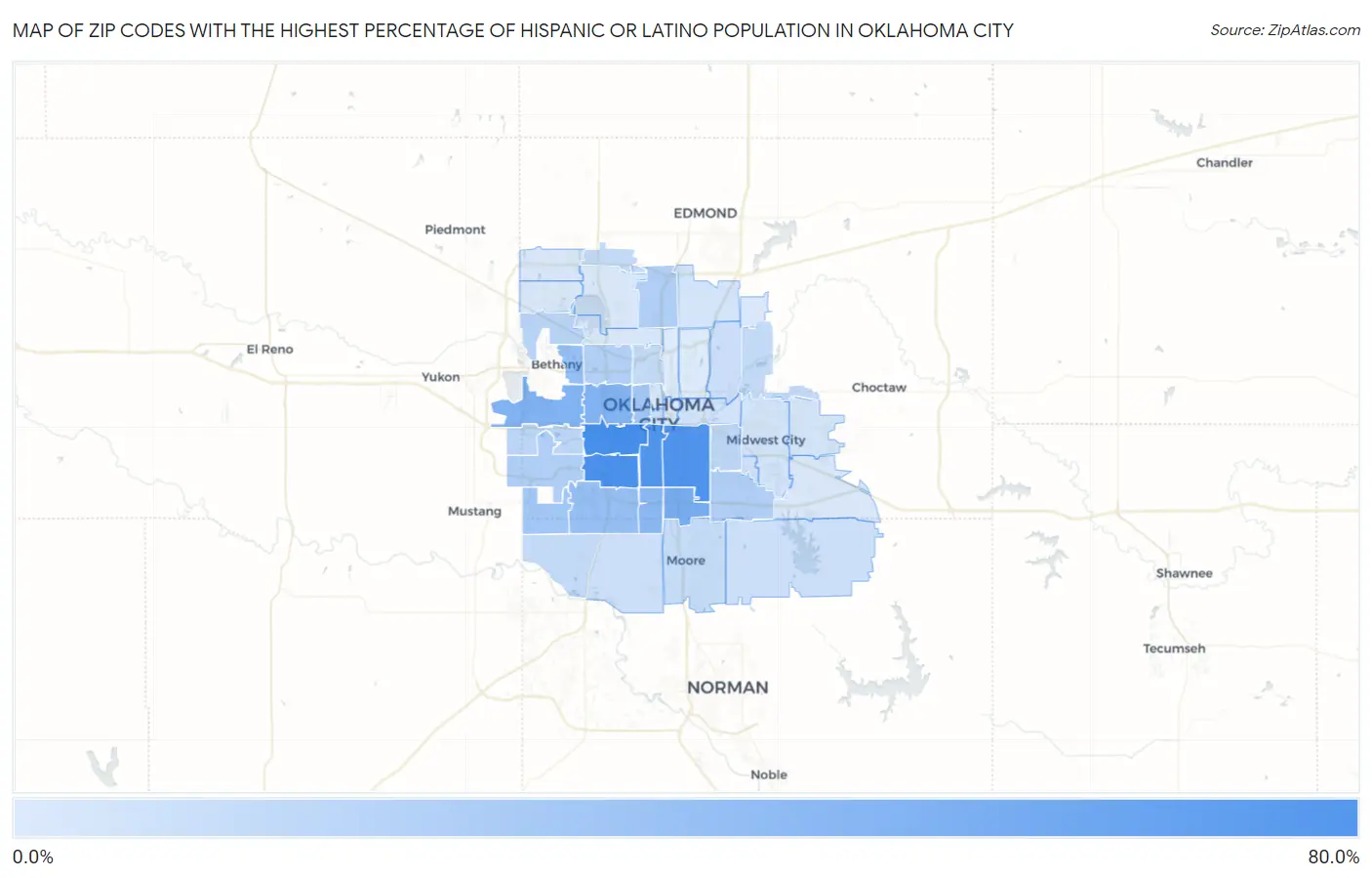 Zip Codes with the Highest Percentage of Hispanic or Latino Population in Oklahoma City Map