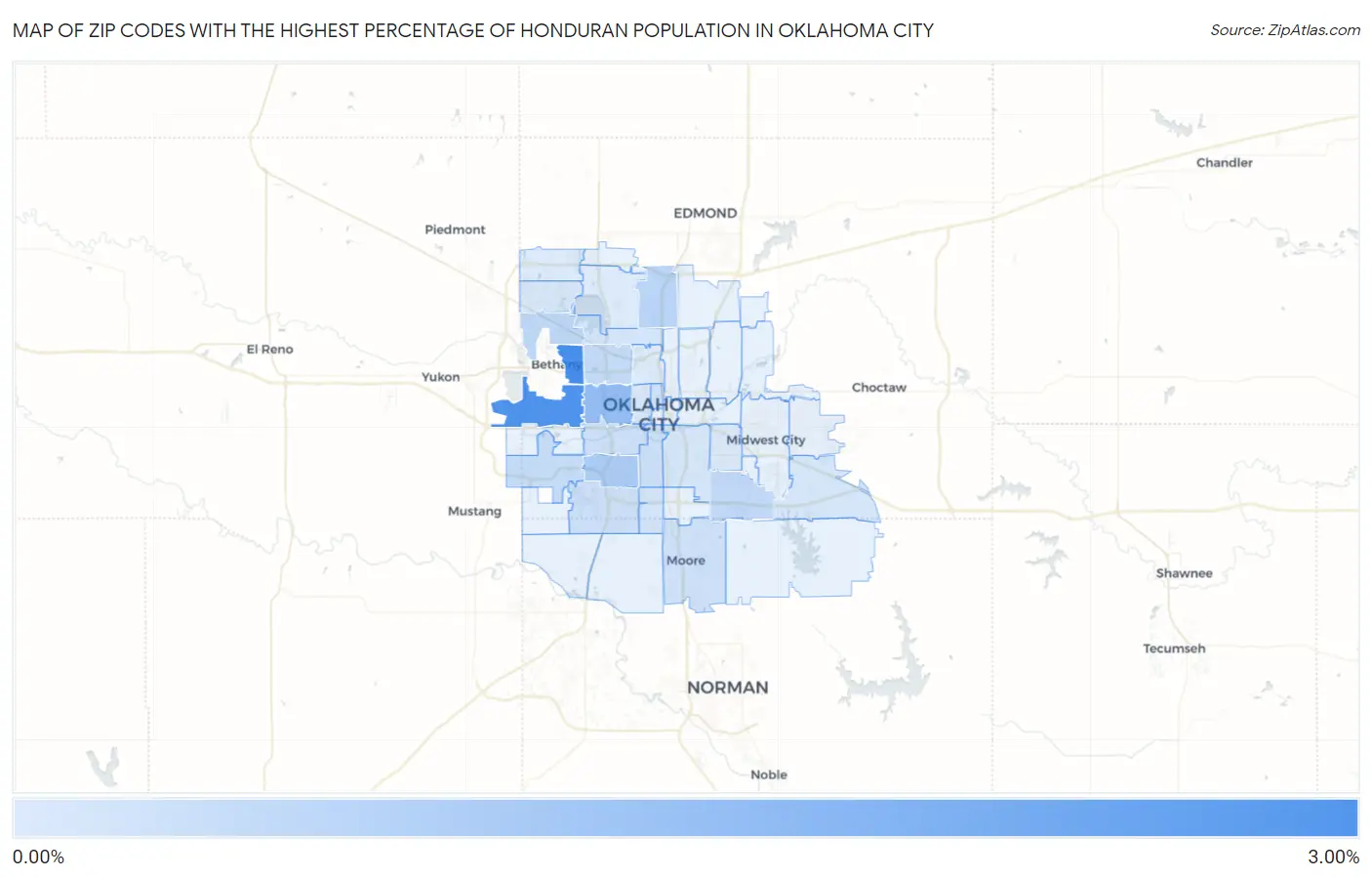 Zip Codes with the Highest Percentage of Honduran Population in Oklahoma City Map