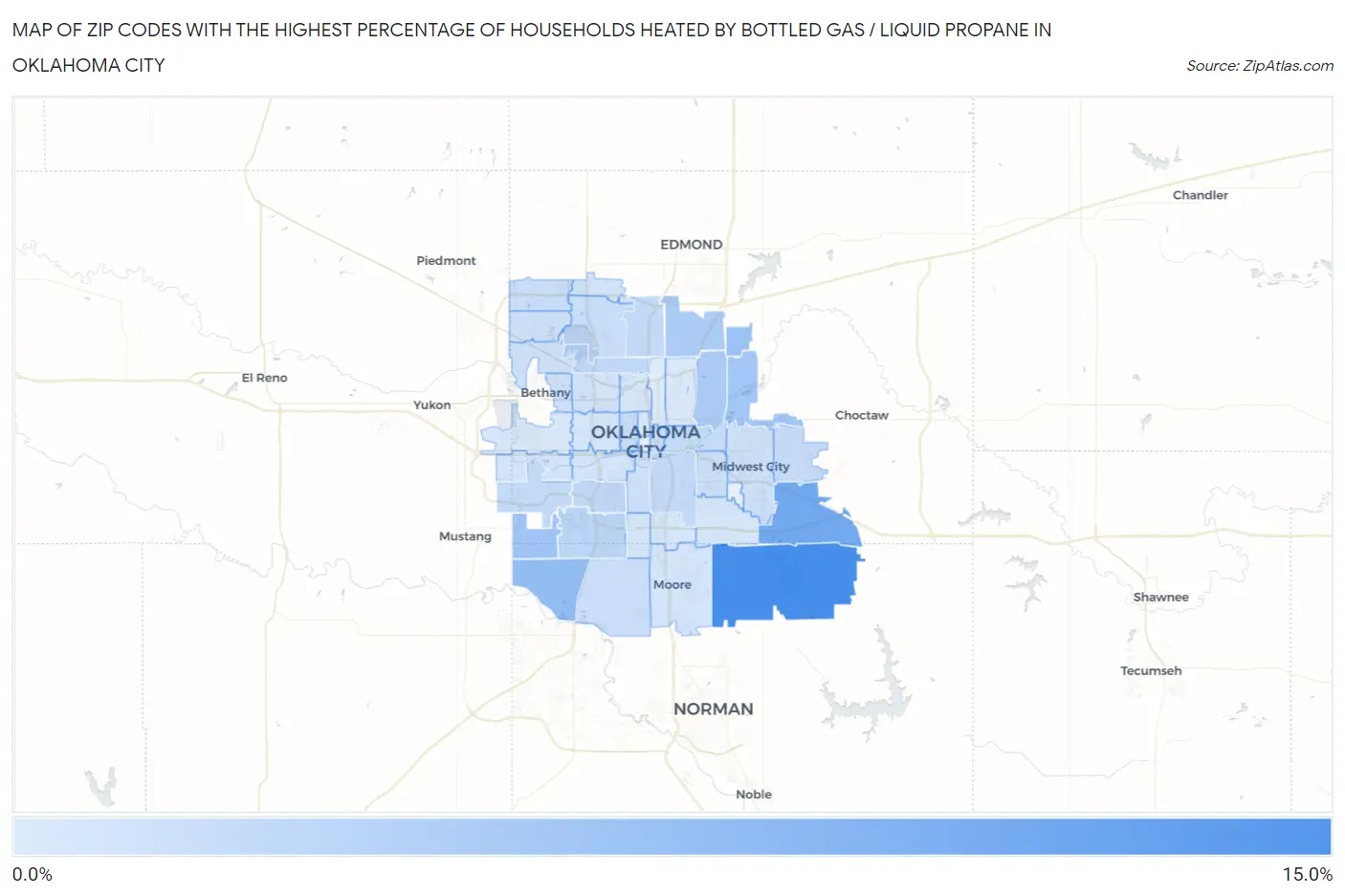 Zip Codes with the Highest Percentage of Households Heated by Bottled Gas / Liquid Propane in Oklahoma City Map