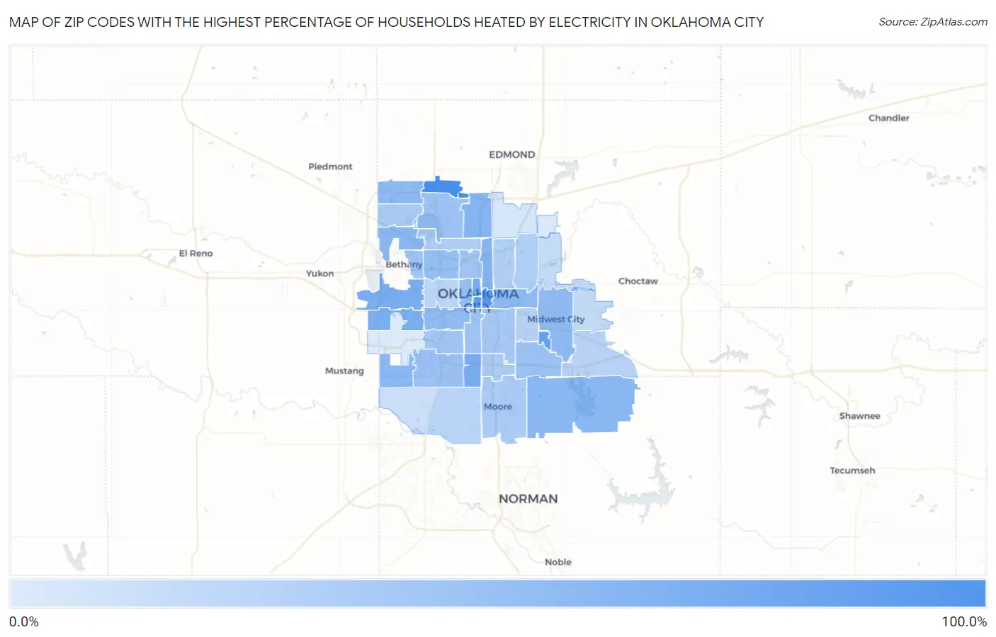 Zip Codes with the Highest Percentage of Households Heated by Electricity in Oklahoma City Map
