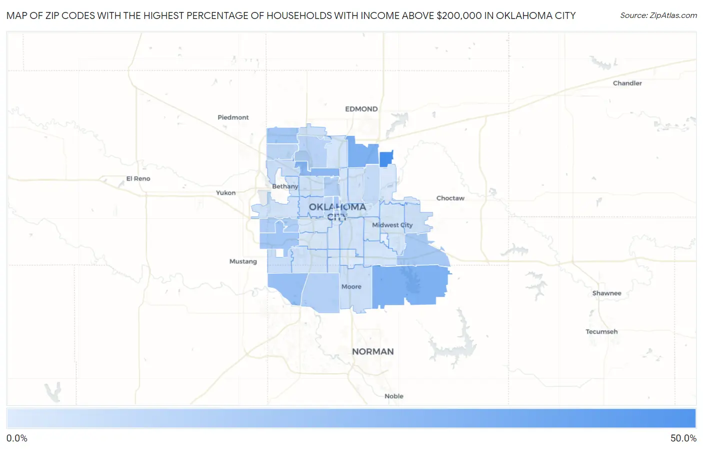 Zip Codes with the Highest Percentage of Households with Income Above $200,000 in Oklahoma City Map