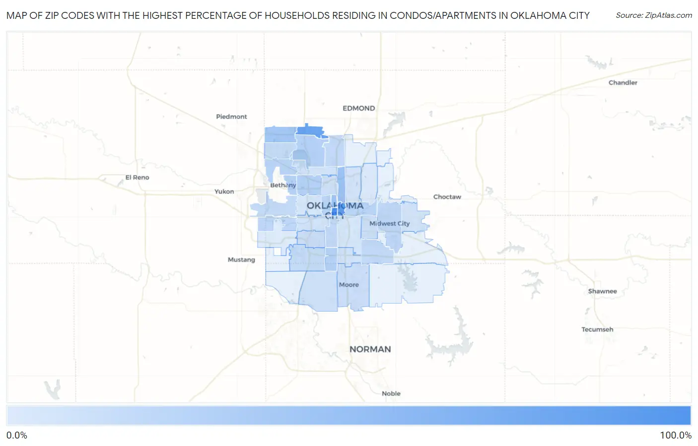Zip Codes with the Highest Percentage of Households Residing in Condos/Apartments in Oklahoma City Map