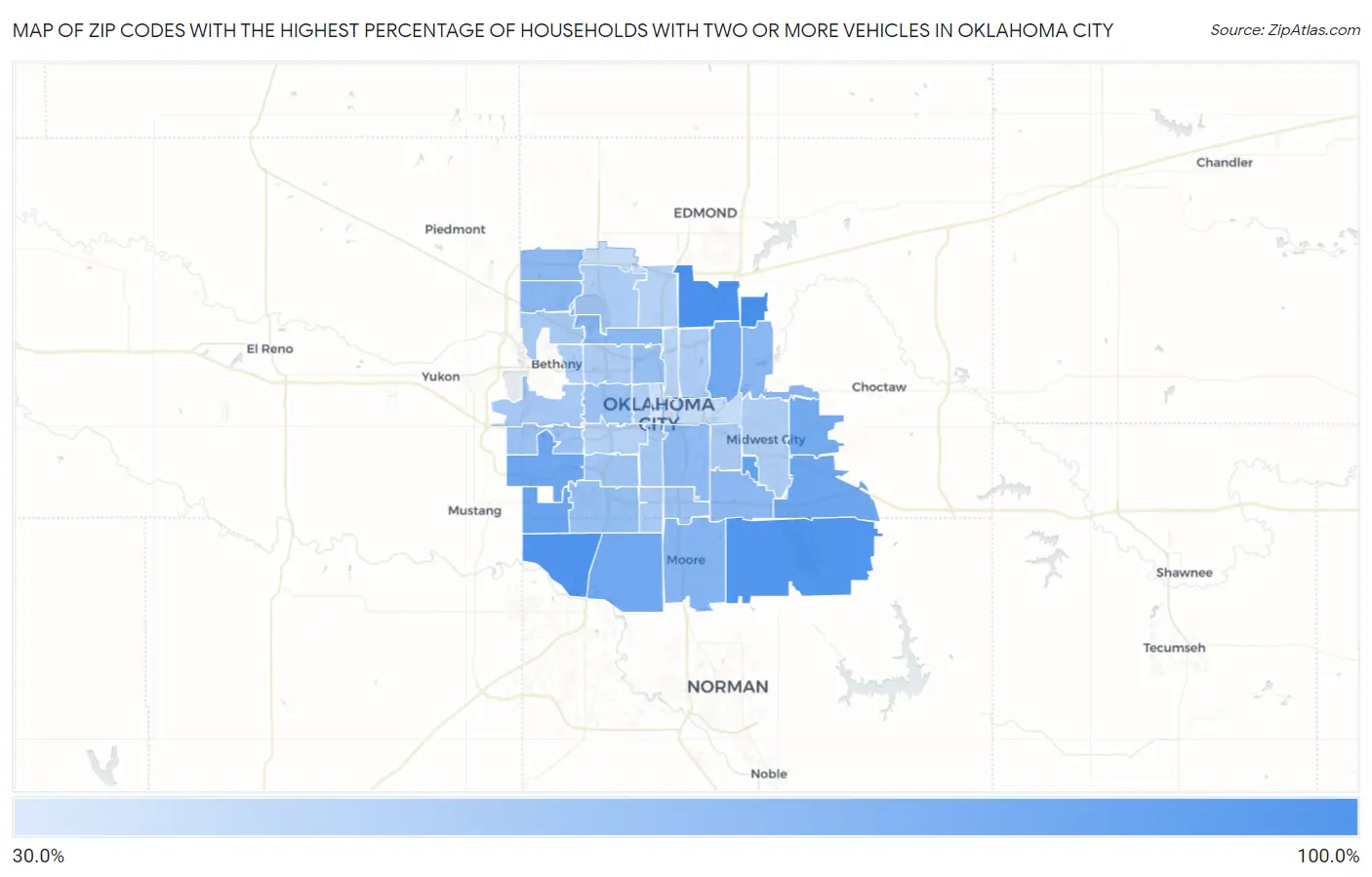 Zip Codes with the Highest Percentage of Households With Two or more Vehicles in Oklahoma City Map