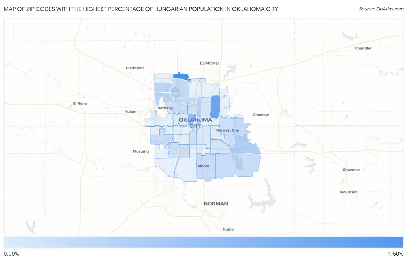 Zip Codes with the Highest Percentage of Hungarian Population in Oklahoma City Map