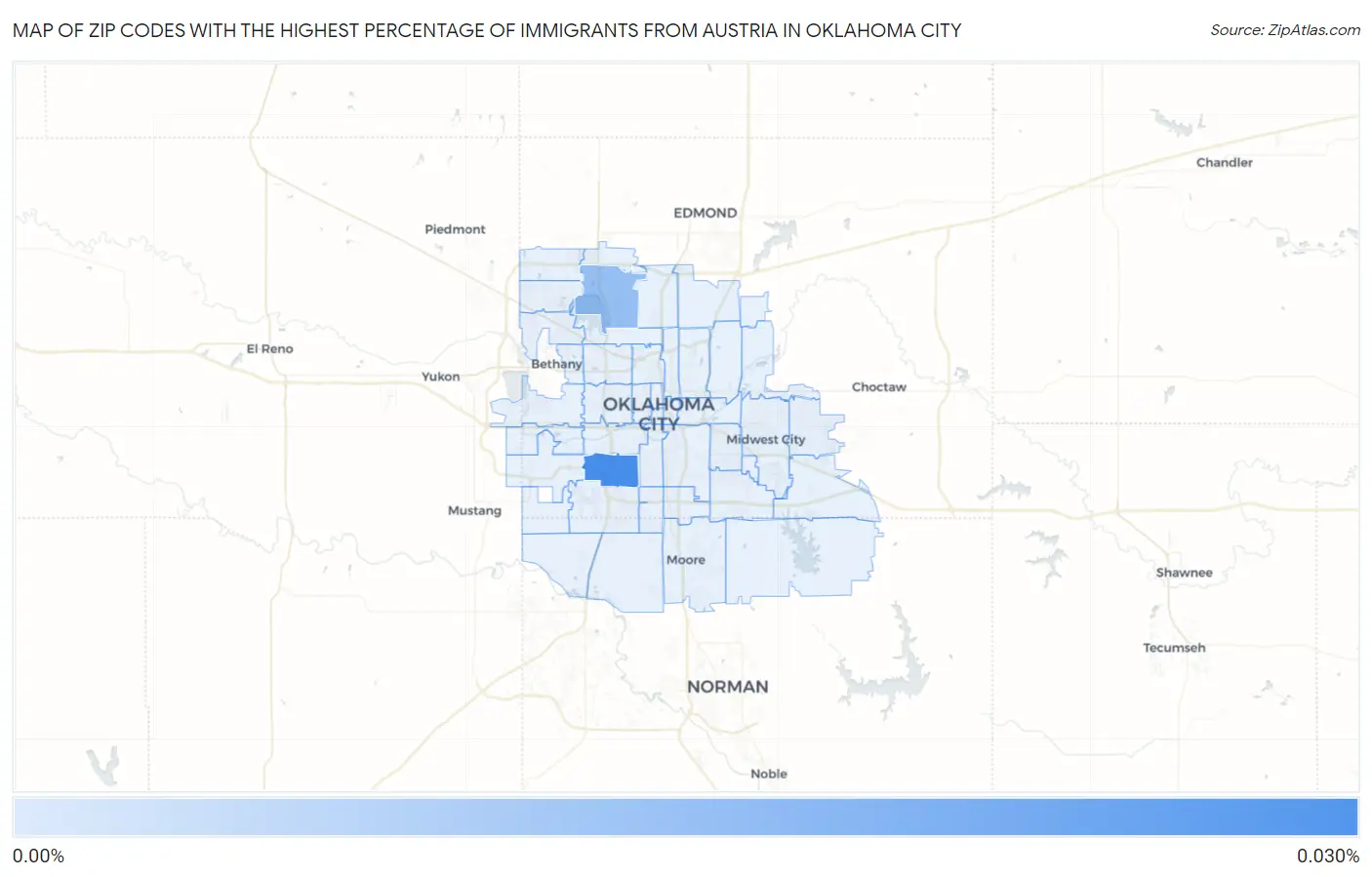 Zip Codes with the Highest Percentage of Immigrants from Austria in Oklahoma City Map