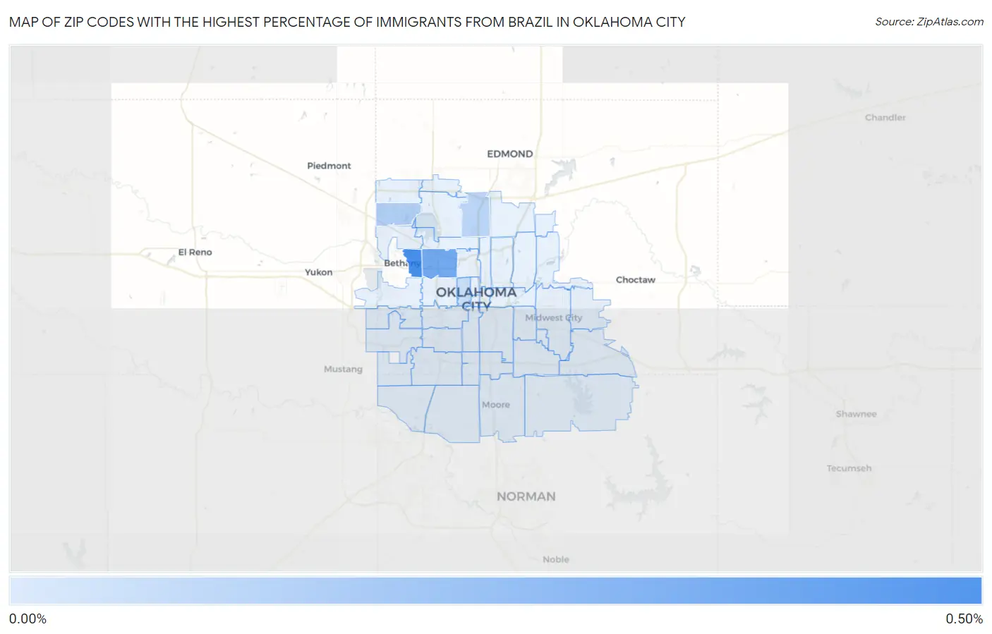 Zip Codes with the Highest Percentage of Immigrants from Brazil in Oklahoma City Map