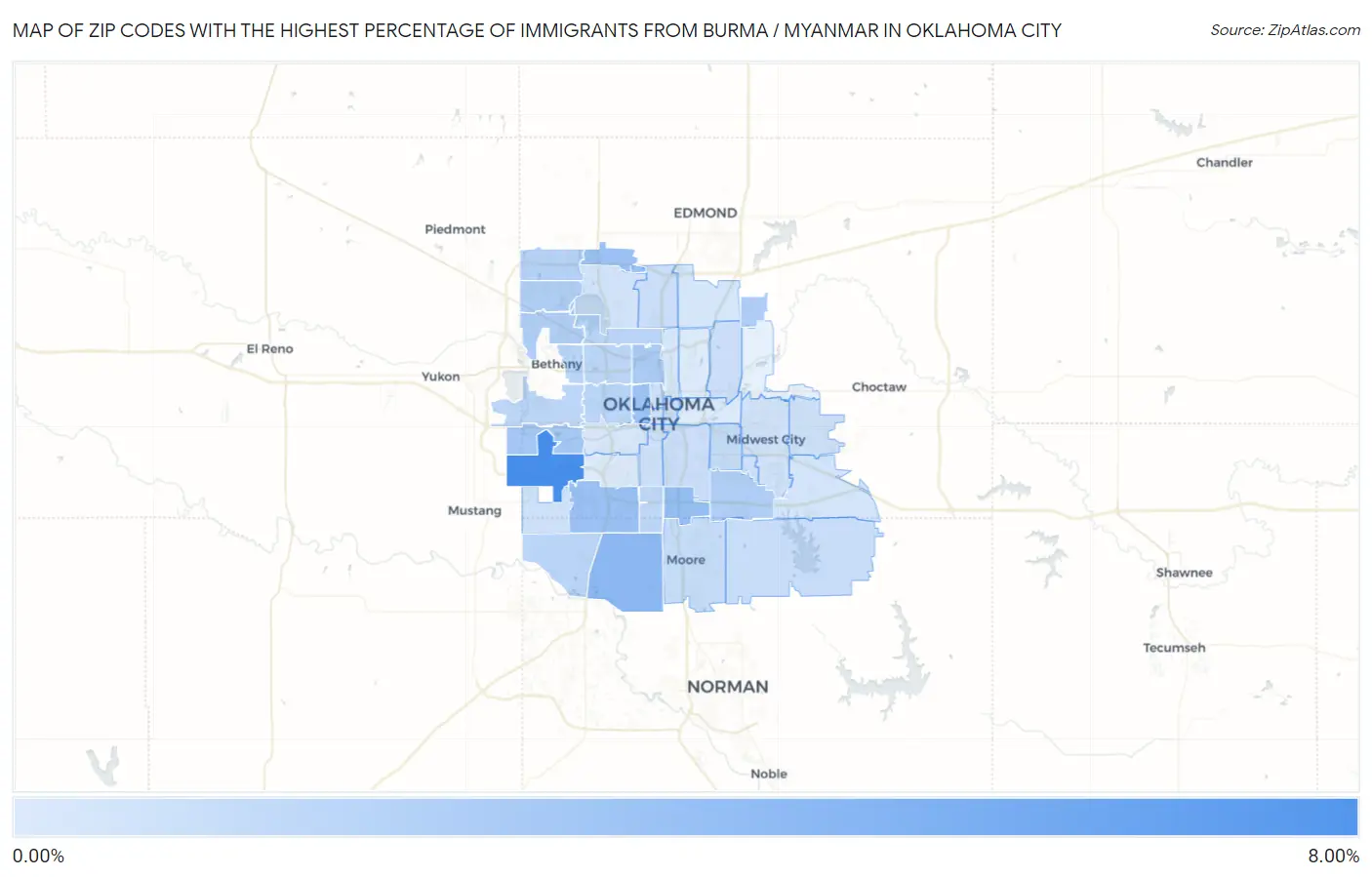 Zip Codes with the Highest Percentage of Immigrants from Burma / Myanmar in Oklahoma City Map