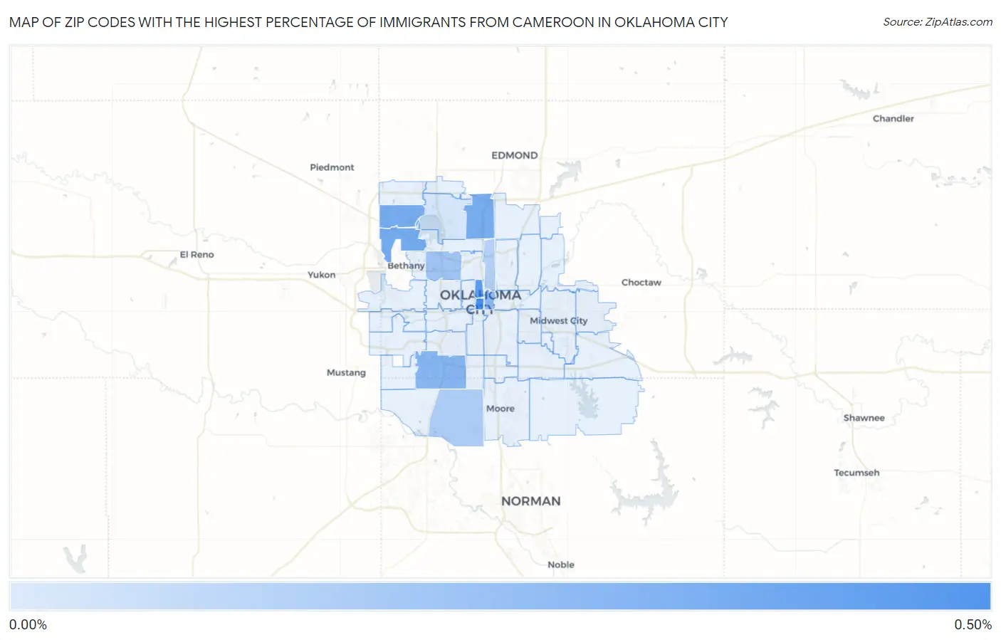 Zip Codes with the Highest Percentage of Immigrants from Cameroon in Oklahoma City Map