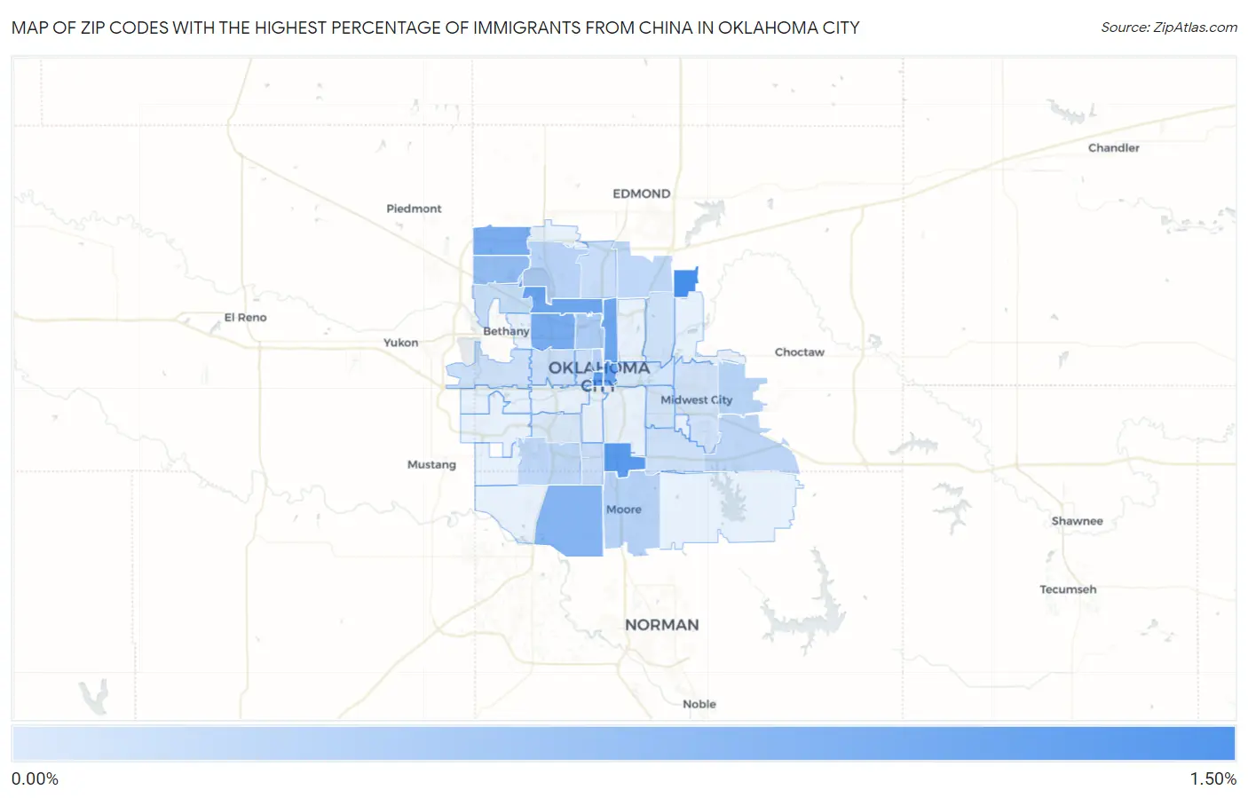Zip Codes with the Highest Percentage of Immigrants from China in Oklahoma City Map