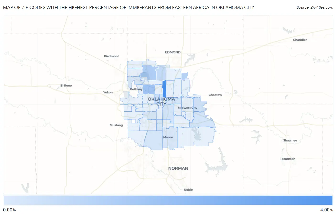 Zip Codes with the Highest Percentage of Immigrants from Eastern Africa in Oklahoma City Map