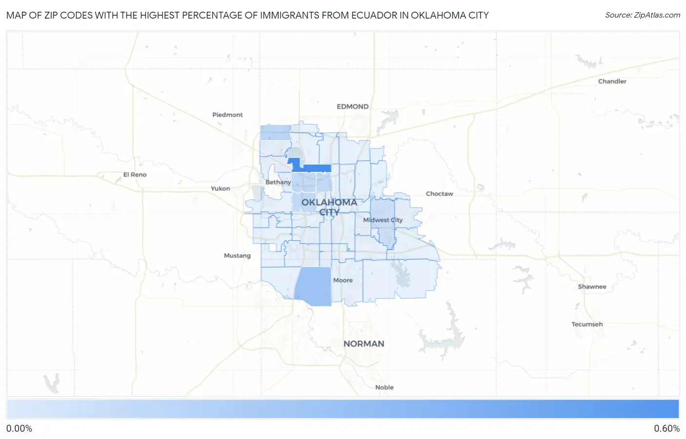 Zip Codes with the Highest Percentage of Immigrants from Ecuador in Oklahoma City Map