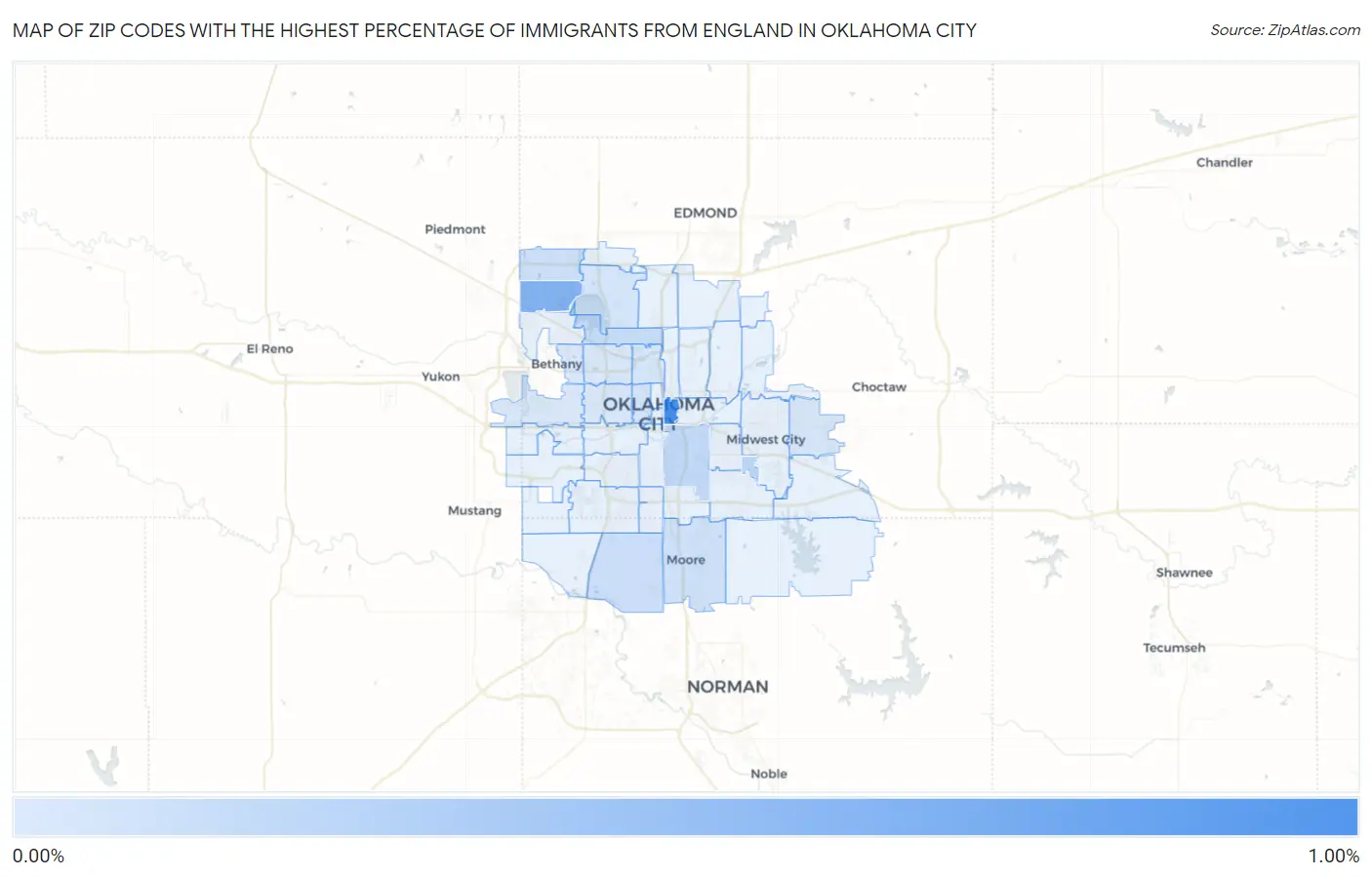 Zip Codes with the Highest Percentage of Immigrants from England in Oklahoma City Map