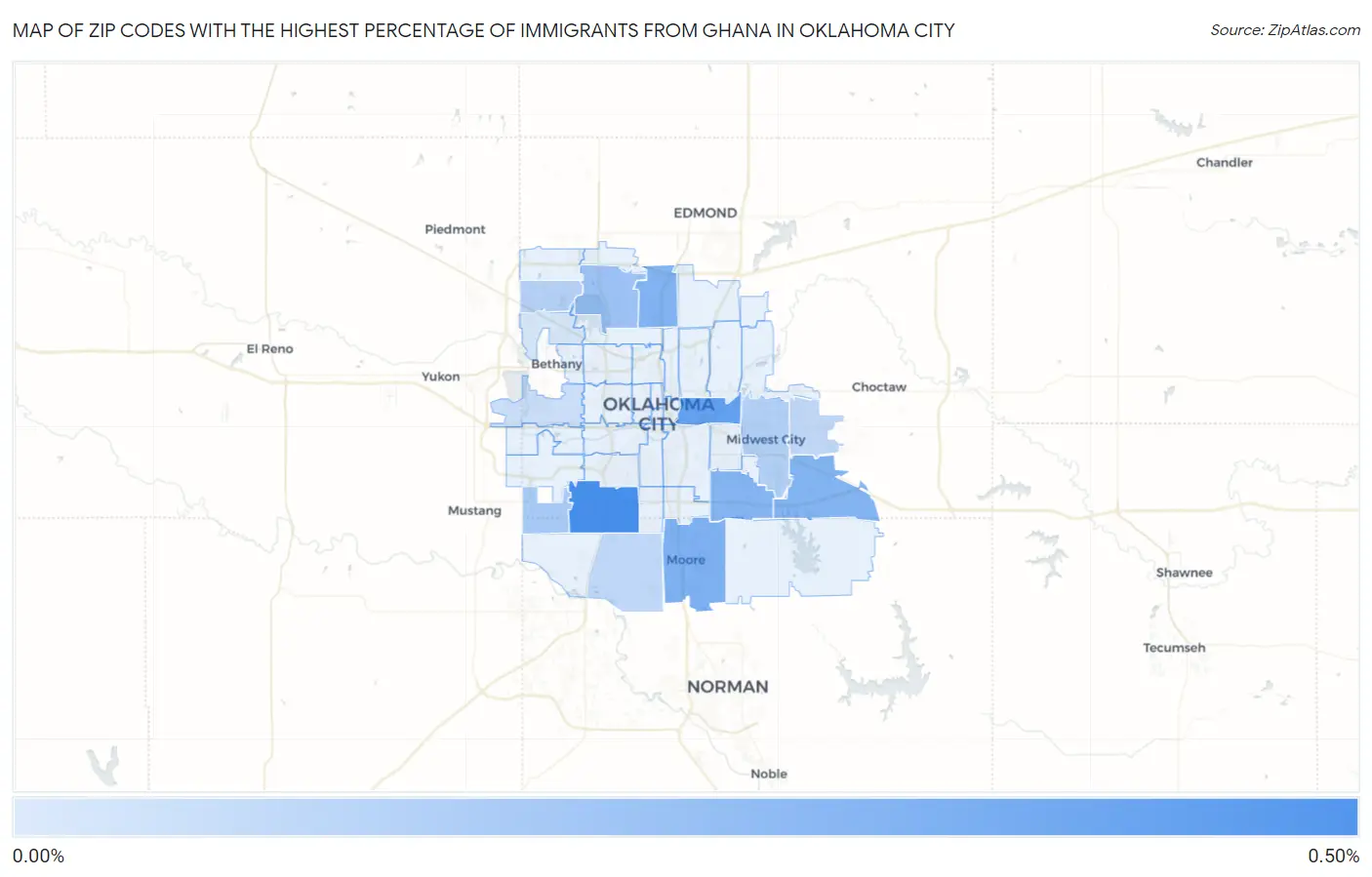 Zip Codes with the Highest Percentage of Immigrants from Ghana in Oklahoma City Map