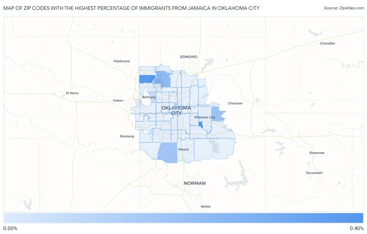 Zip Codes with the Highest Percentage of Immigrants from Jamaica in Oklahoma City Map