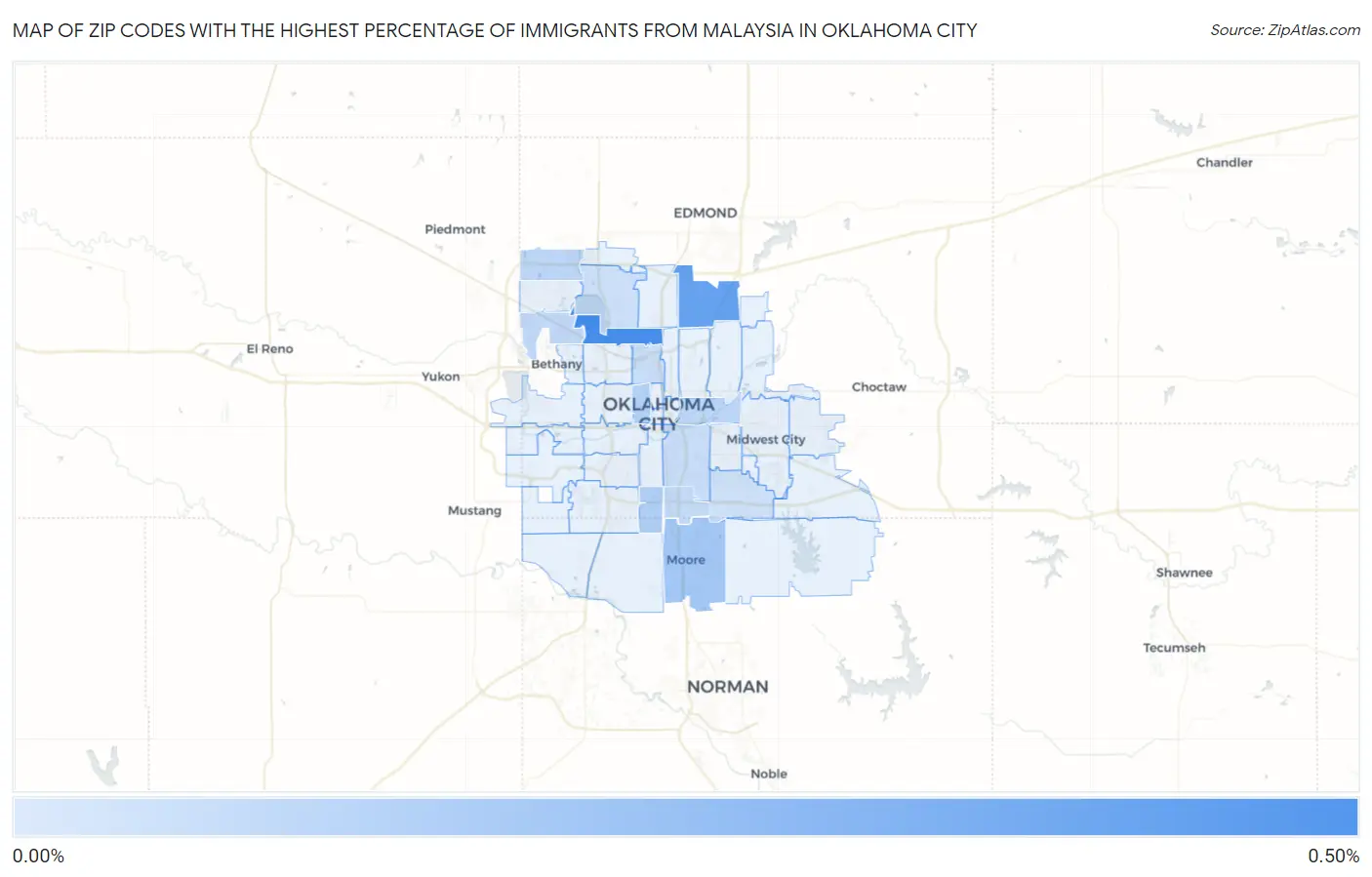 Zip Codes with the Highest Percentage of Immigrants from Malaysia in Oklahoma City Map