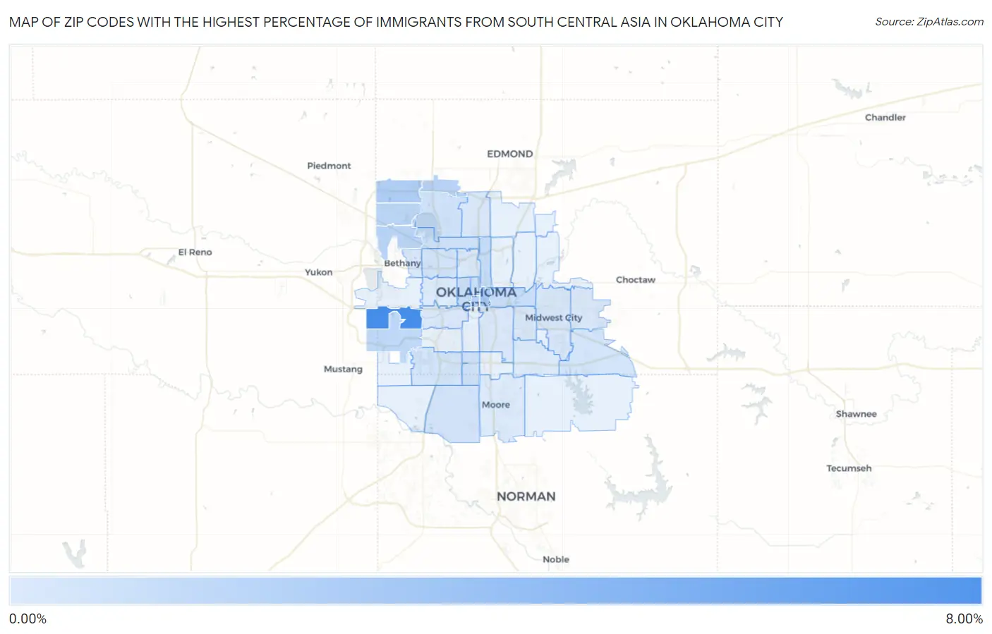 Zip Codes with the Highest Percentage of Immigrants from South Central Asia in Oklahoma City Map