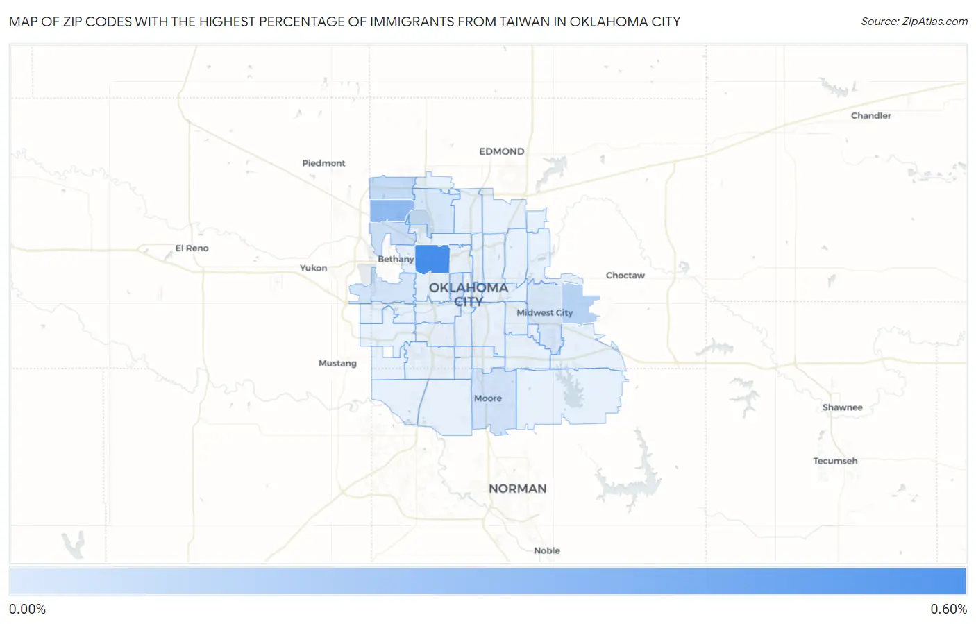 Zip Codes with the Highest Percentage of Immigrants from Taiwan in Oklahoma City Map
