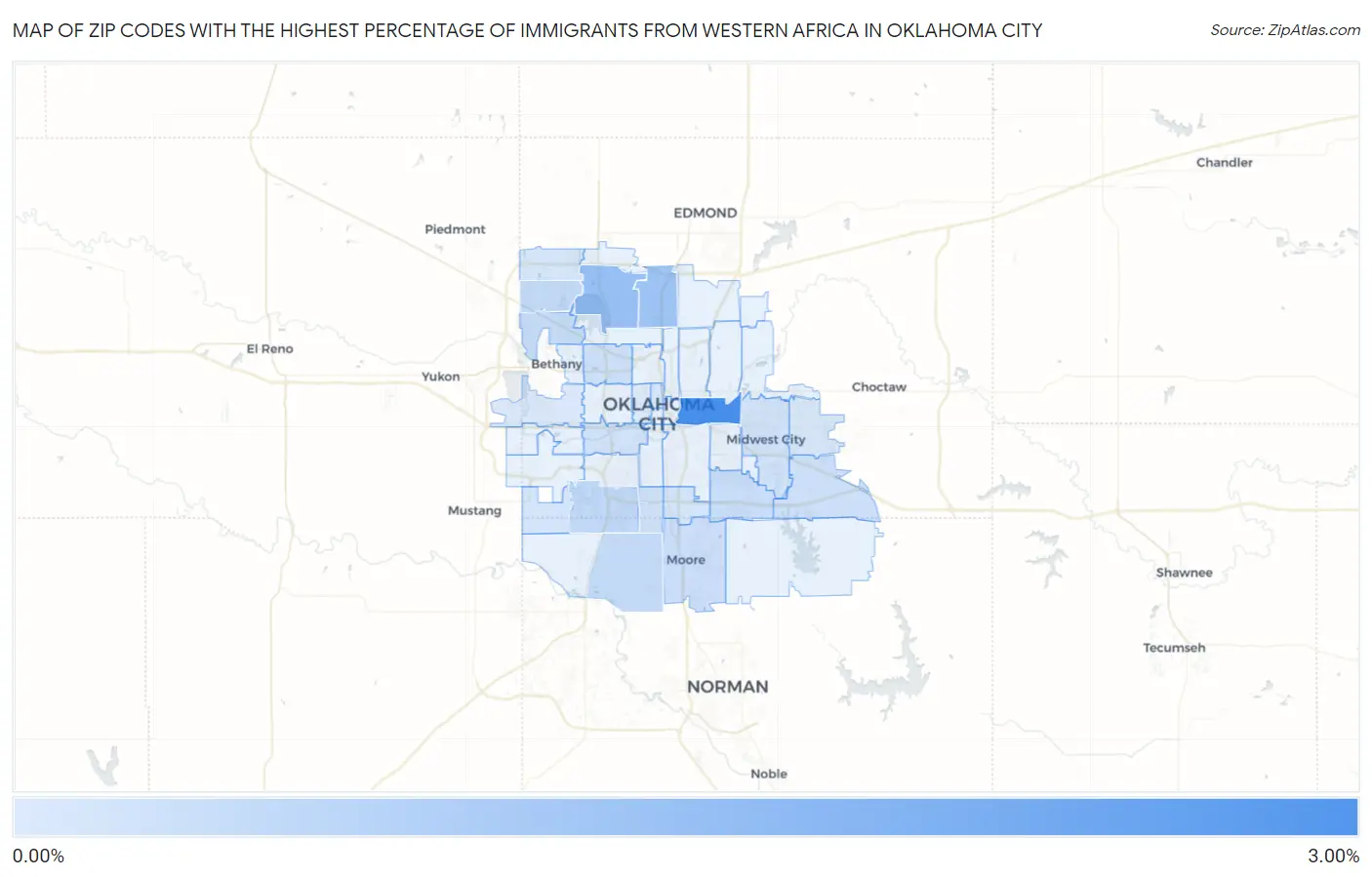 Zip Codes with the Highest Percentage of Immigrants from Western Africa in Oklahoma City Map