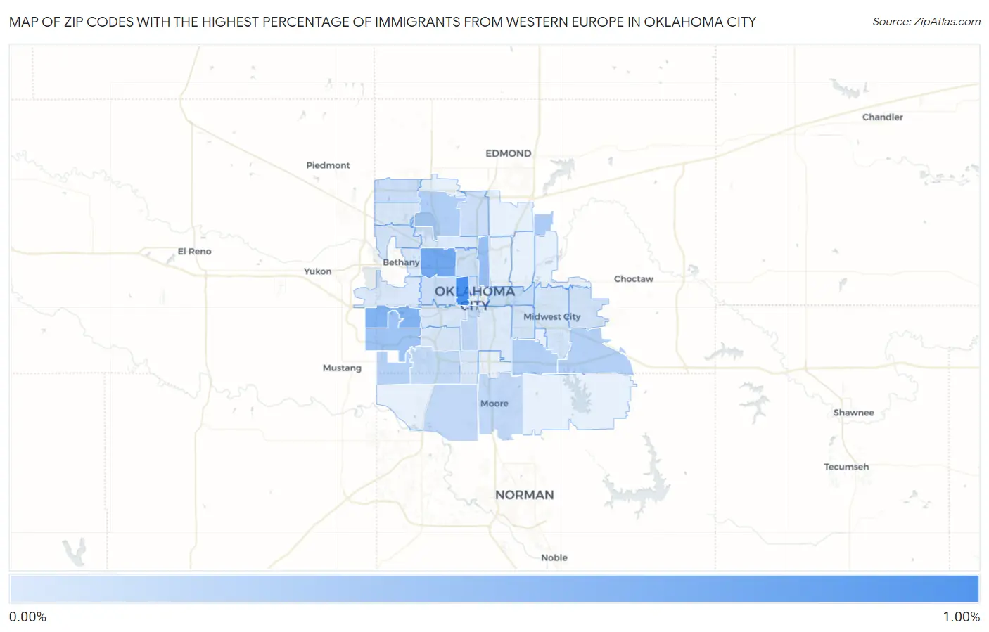 Zip Codes with the Highest Percentage of Immigrants from Western Europe in Oklahoma City Map