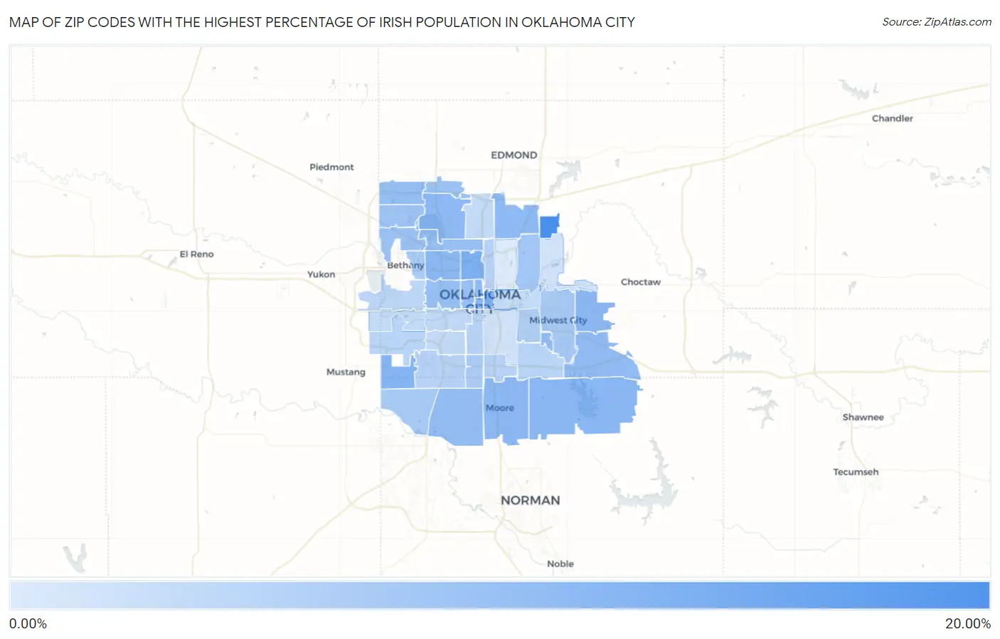 Zip Codes with the Highest Percentage of Irish Population in Oklahoma City Map