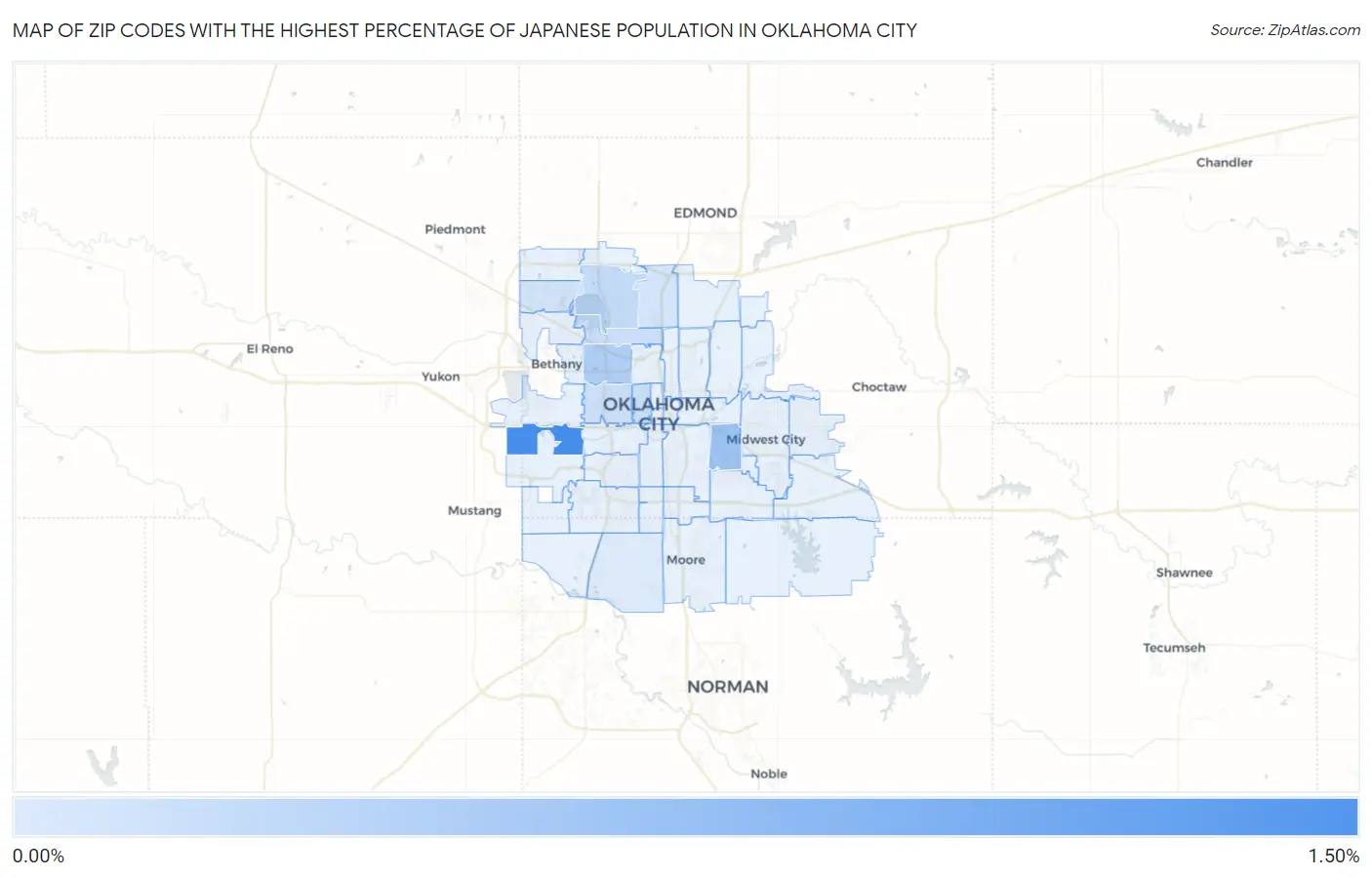 Zip Codes with the Highest Percentage of Japanese Population in Oklahoma City Map