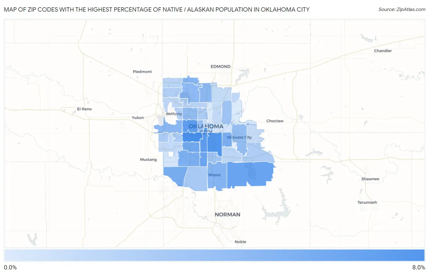 Zip Codes with the Highest Percentage of Native / Alaskan Population in Oklahoma City Map