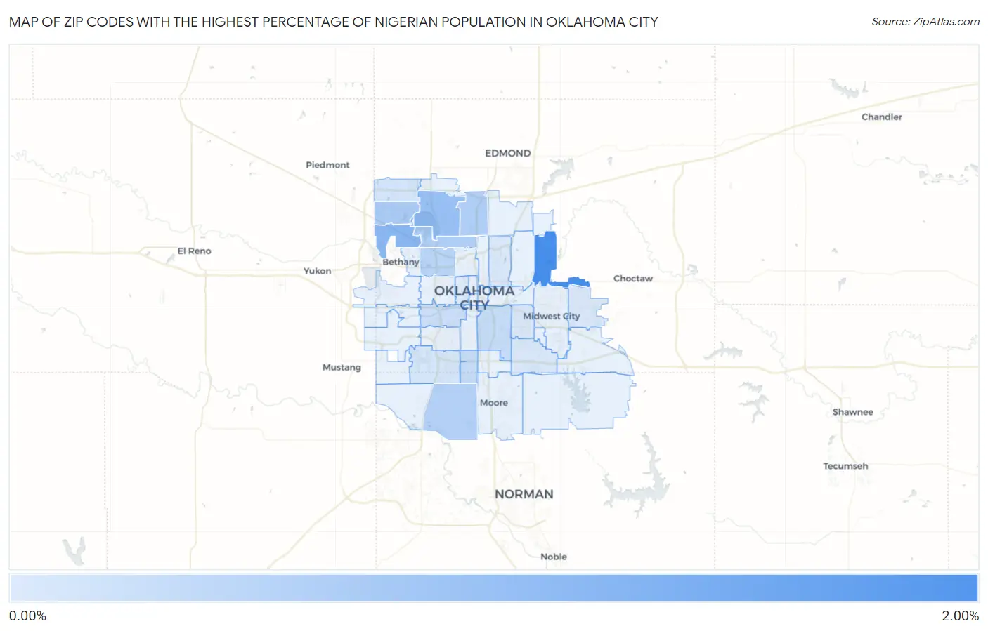 Zip Codes with the Highest Percentage of Nigerian Population in Oklahoma City Map