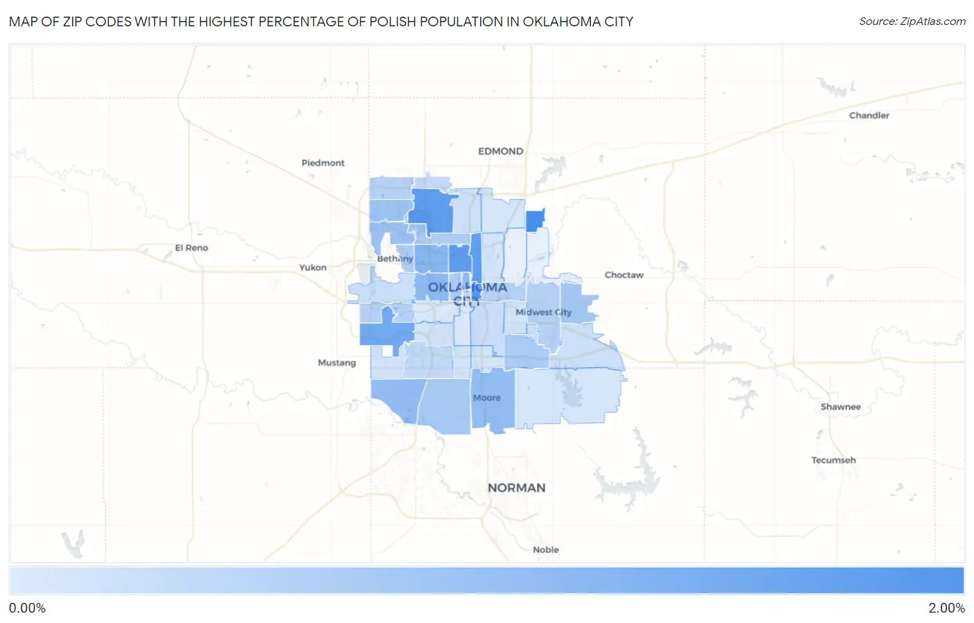 Zip Codes with the Highest Percentage of Polish Population in Oklahoma City Map