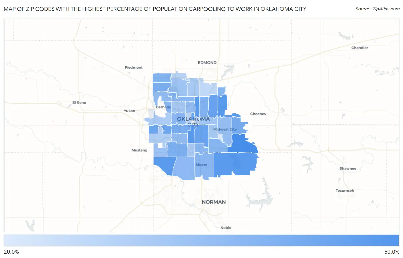 Zip Codes with the Highest Percentage of Population Carpooling to Work in Oklahoma City Map