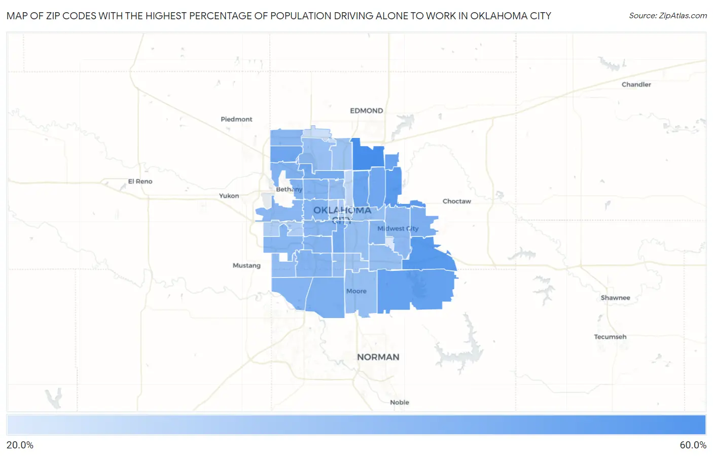 Zip Codes with the Highest Percentage of Population Driving Alone to Work in Oklahoma City Map
