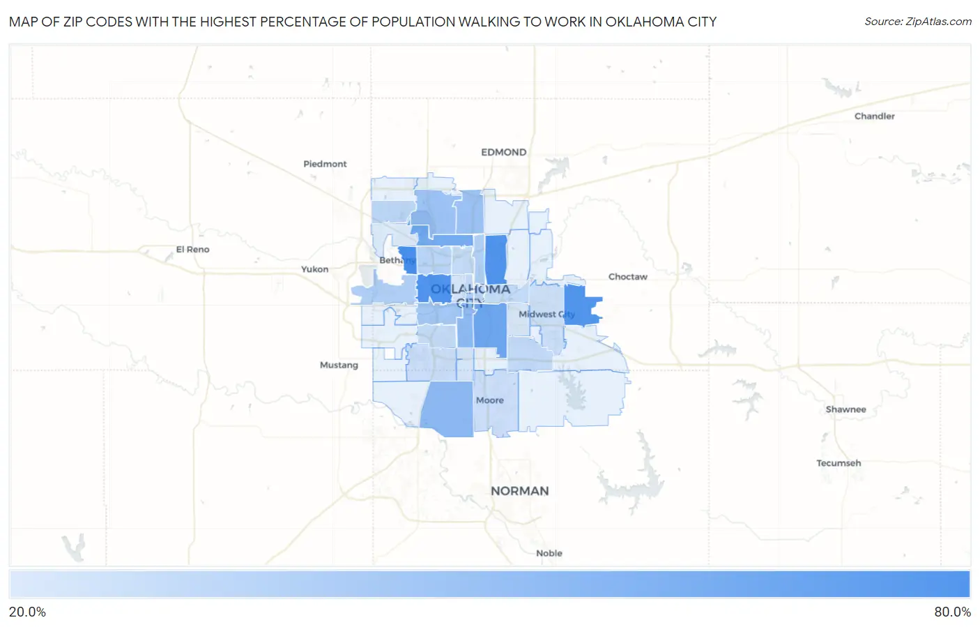 Zip Codes with the Highest Percentage of Population Walking to Work in Oklahoma City Map