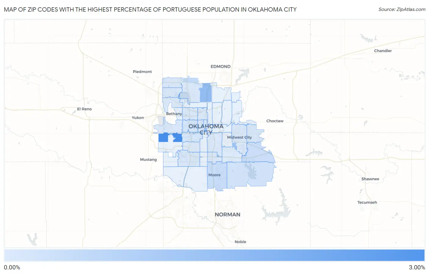 Zip Codes with the Highest Percentage of Portuguese Population in Oklahoma City Map
